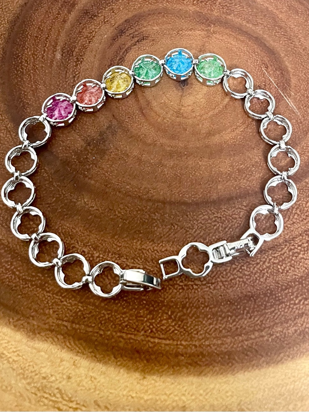 Multicolor Candy CZ Tennis Bracelet Druzy Bezel Set White Gold Filled NWOT - Picture 8 of 8